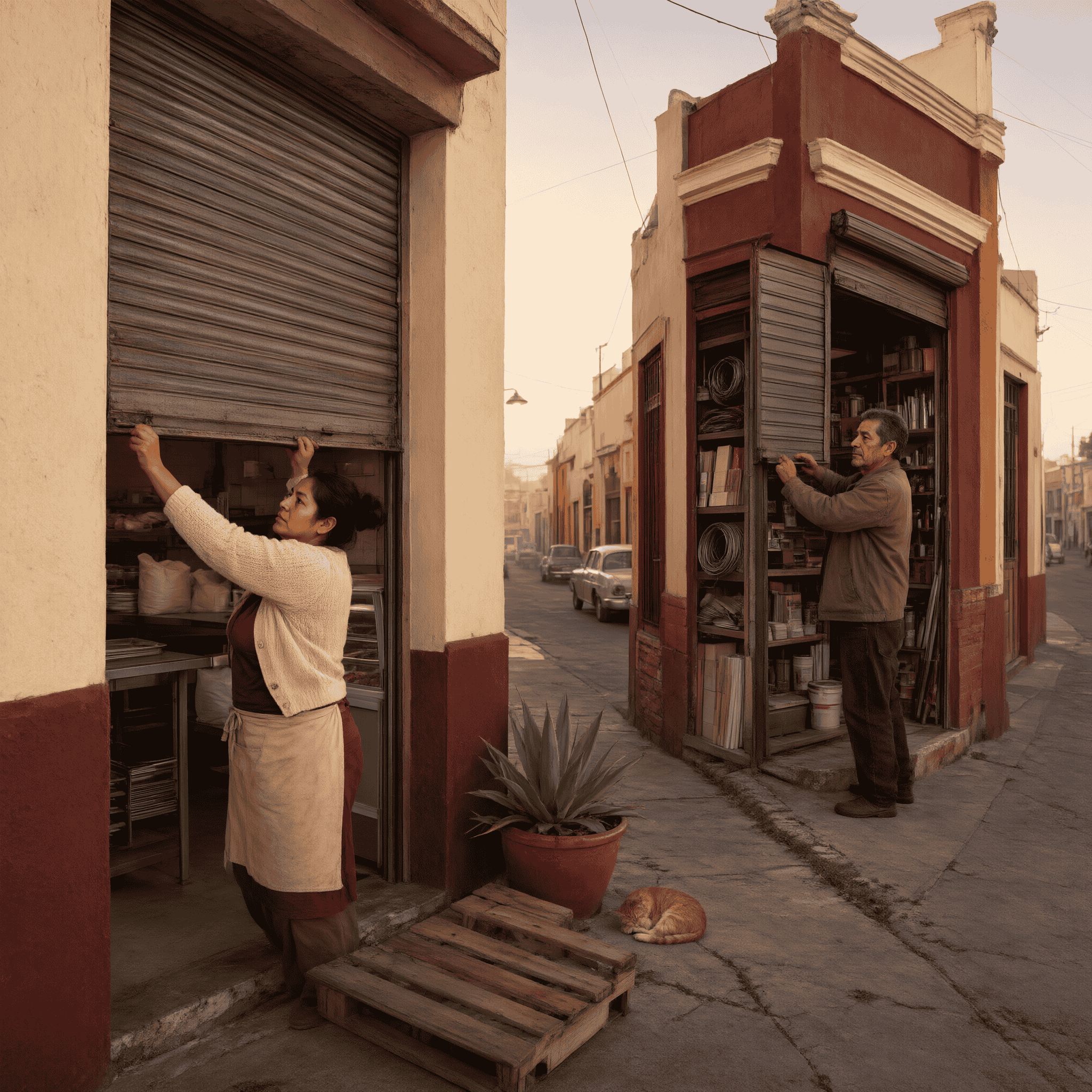 Comerciantes de Venustiano Carranza abriendo las cortinas de sus negocios al amanecer