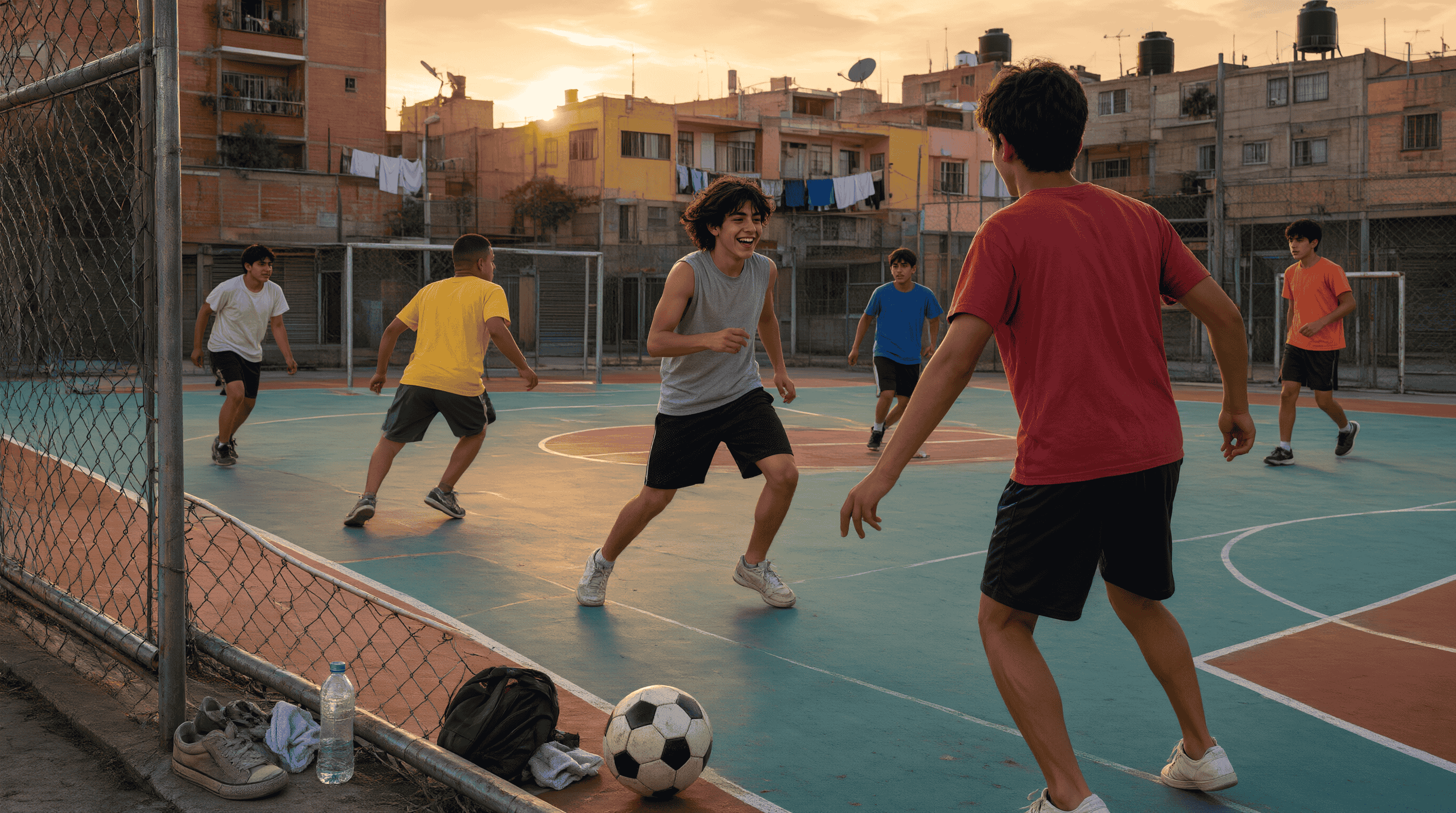Jóvenes jugando en una cancha deportiva pública de la alcaldía al atardecer