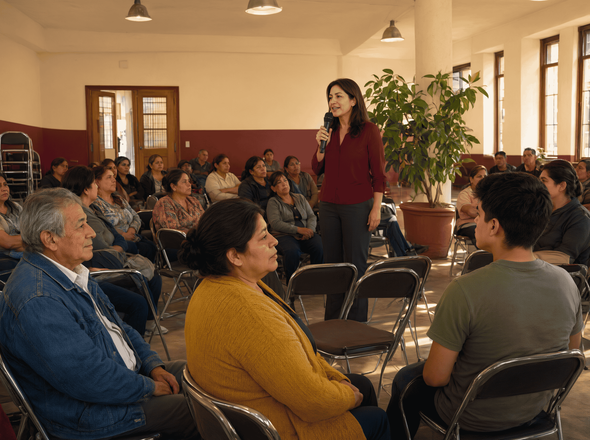 Foro vecinal en un salón comunitario con vecinas y vecinos escuchando a una moderadora