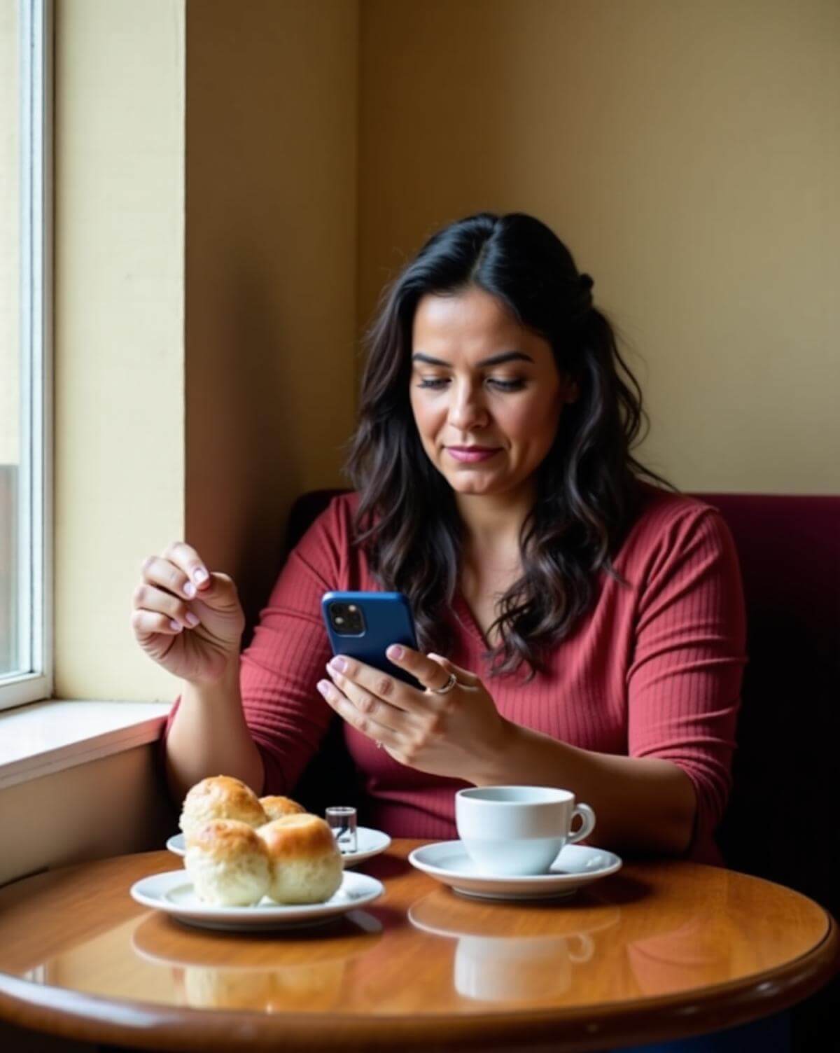 Vecina de Venustiano Carranza leyendo noticias locales en su teléfono en un café de barrio